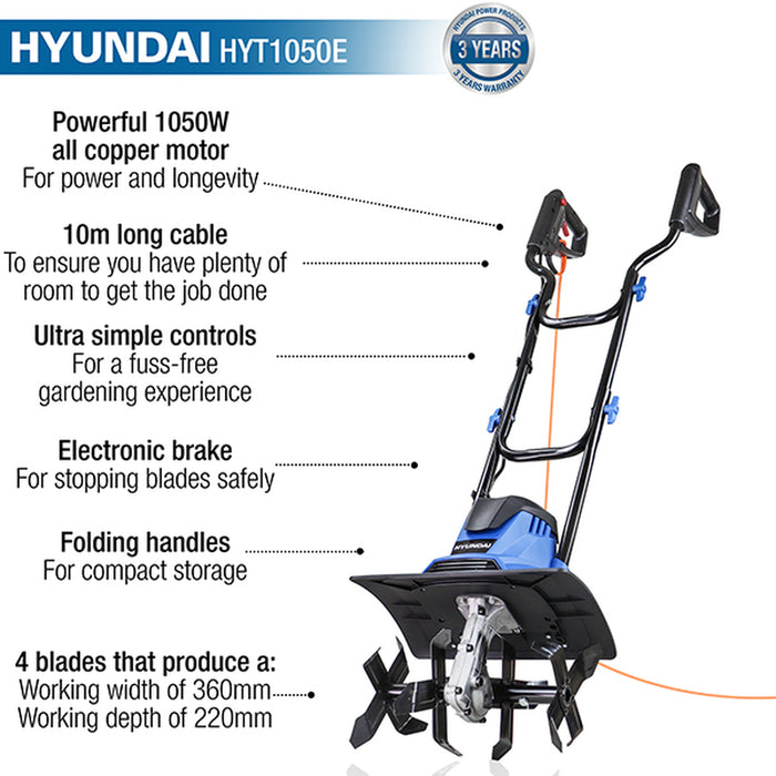 Hyundai 1050W 360mm Electric Garden Tiller, Cultivator, Rotovator and Rototiller | HYT1050E | 3 Year Warranty