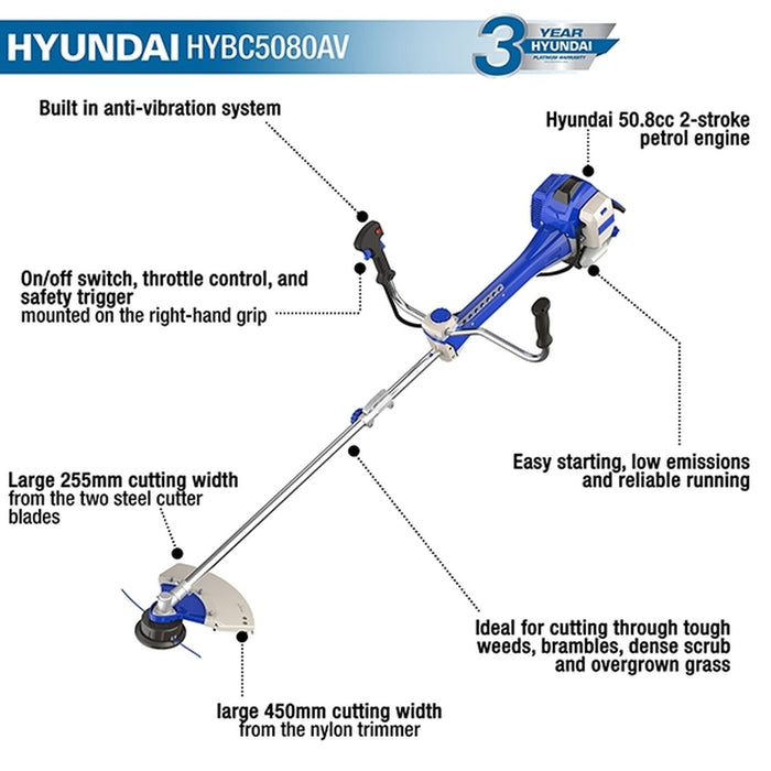 Hyundai 50.8cc Anti-Vibration Grass Trimmer / Brushcutter | HYBC5080AV | 3 Year
