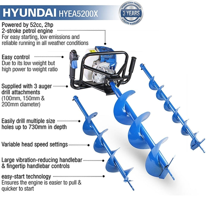 Hyundai 52cc Petrol Earth Auger, Borer and Drill | HYEA5200X | 3 Year Warranty