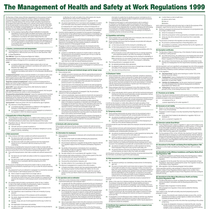 The Management of Health & Safety at Work Regulations 1999, A1 Poster