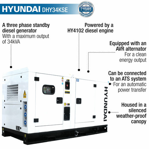 Hyundai 27.5kW/34kVA Three Phase Diesel Generator | DHY34KSE