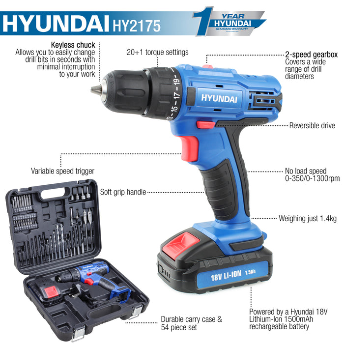 Hyundai 18v 1.5AH Li-Ion Cordless Drill with 54 Piece Drill Accessory Kit | HY2175 | 1 Year Warranty