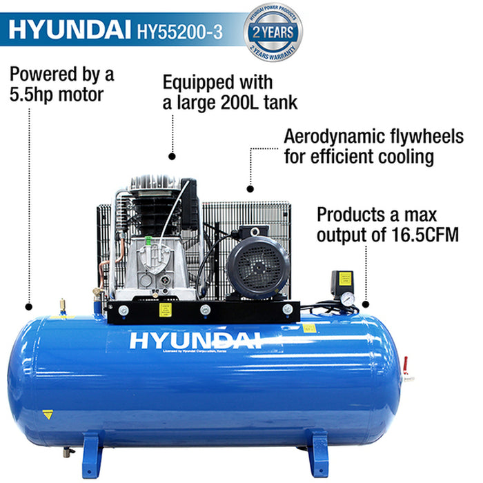 Hyundai 200 Litre Air Compressor, 21CFM/145psi, 3-Phase Twin Cylinder 5.5hp | HY55200-3 | 2 Year Hyundai warranty