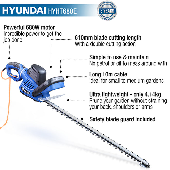 Hyundai 680W 610mm Corded Electric Hedge Trimmer/Pruner | HYHT680E | 3 Year Warranty