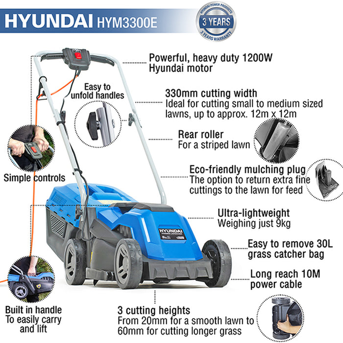 Hyundai 33cm Corded Electric 1200w/230v Roller Mulching Lawnmower | HYM3300E | 3 Year Warranty