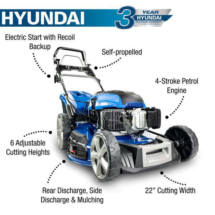 Hyundai 22”/56cm 196cc 4-in-1 Electric-Start Self-Propelled Petrol Lawnmower | HYM560SPE | 3 Year Warranty