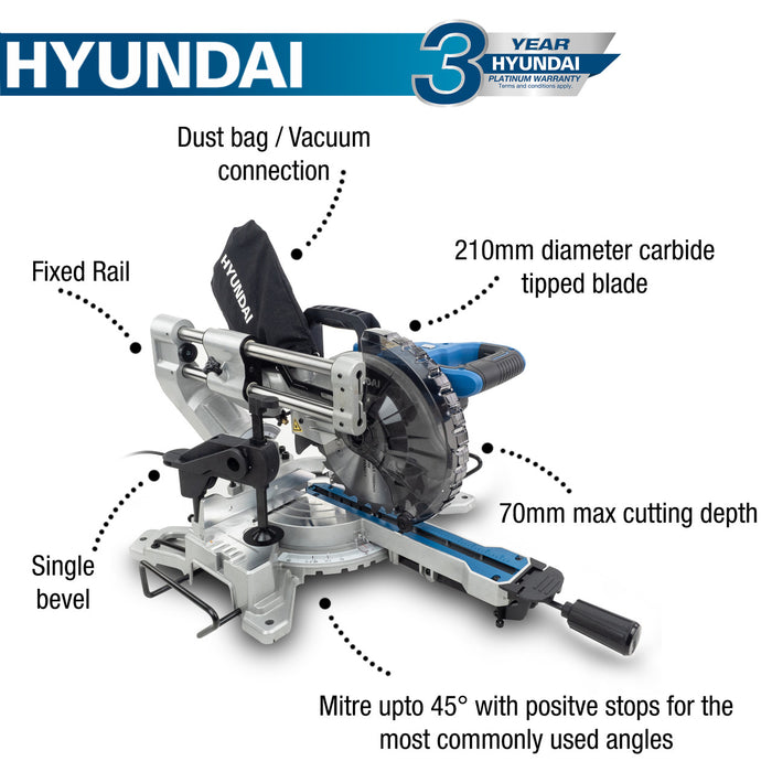 Hyundai 1500W Electric Mitre Saw / Chop Saw with 210mm Blade, 230V | HYMS1500E  | 3 Year Warranty
