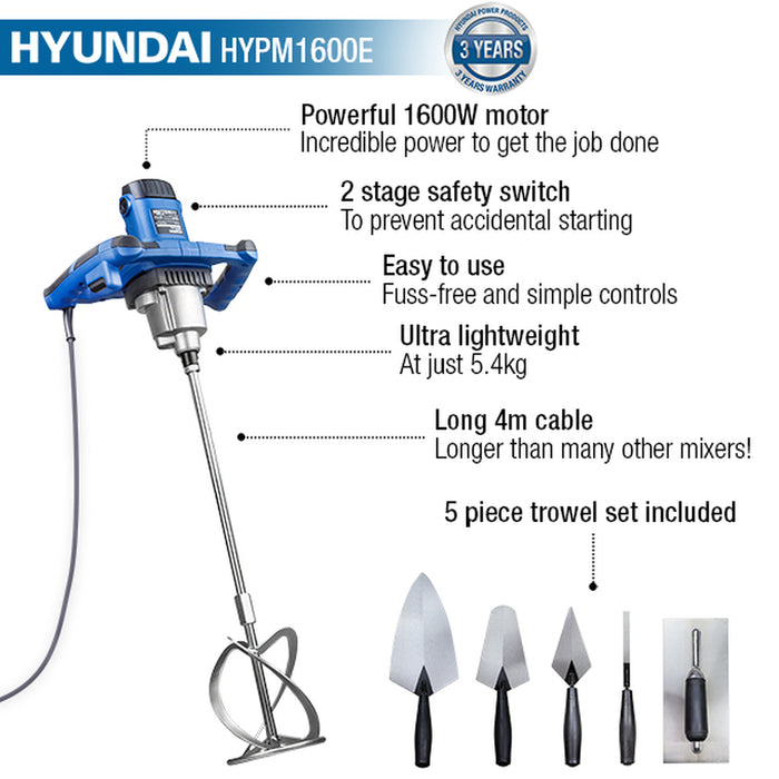 Hyundai 1600W Electric Paddle Mixer with 5 Piece Trowel Set 230v/240v | HYPM1600E  | 3 Year Hyundai warranty