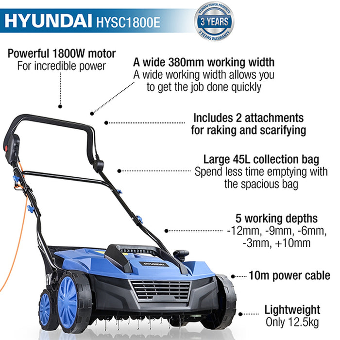 Hyundai 1800W Electric Lawn Scarifier / Aerator / Lawn Rake, 230V | HYSC1800E | 3 Year Warranty