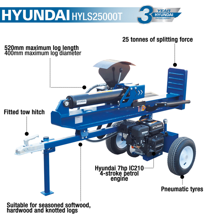 Hyundai 7hp 25 Tonne Horizontal and Vertical Log Splitter | HYLS25000T| 3 Year Platinum Warranty