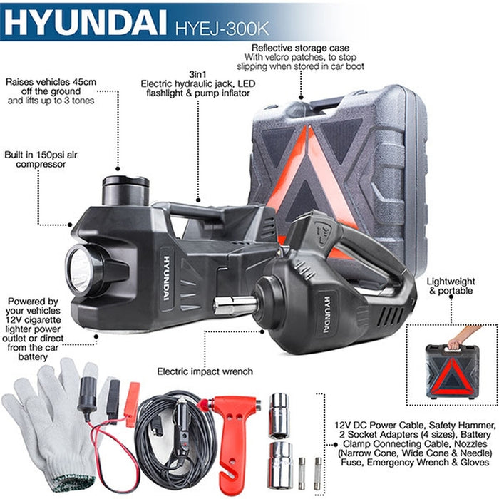 Hyundai 12V 4 IN 1 Electric 3 Tonne Hydraulic Floor Jack with Tyre Inflator Pump and Electric Impact Wrench | HYEJ-300K | 1 Year Warranty