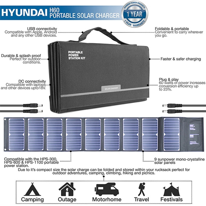 Hyundai H60 60W Portable and Foldable Solar Charger With USB and DC Connectivity