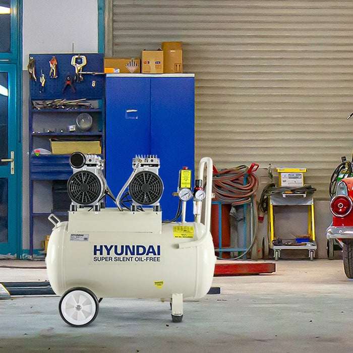 Hyundai 50 Litre Air Compressor, 11CFM/100psi, Oil Free, Low Noise, Electric 2hp | HY27550 | 2 Year Hyundai warranty