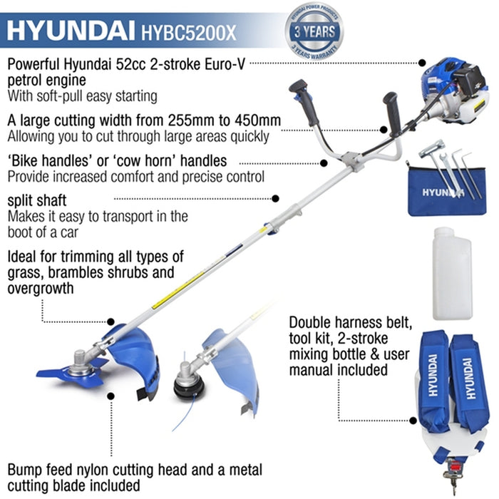 Hyundai 52cc Petrol Grass Trimmer / Strimmer / Brushcutter | HYBC5200X | 3 Year Warranty