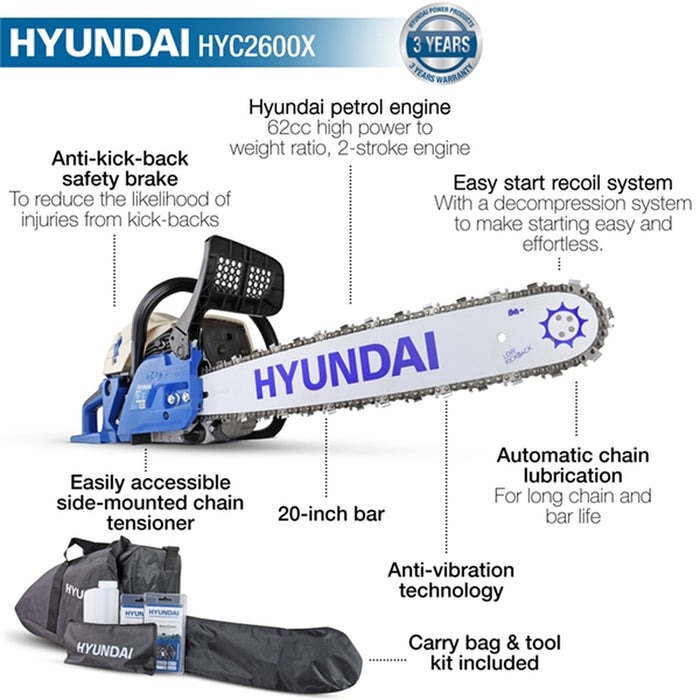 Hyundai 62cc 20” Petrol Chainsaw, 2-Stroke Easy-Start | HYC6200X | 3 Year Warranty