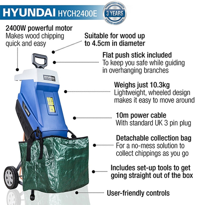 Hyundai Electric Garden Shredder, 2400w / 2.4kW, 230v | HYCH2400E | 2 Year Hyundai warranty