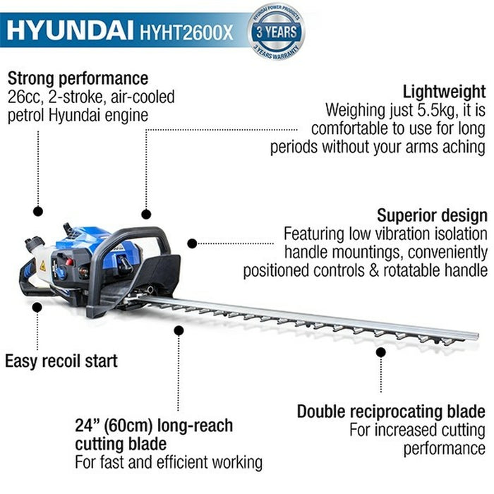 Petrol Hedge Trimmer/Pruner, 26cc 2-stroke Easy-Start, Lightweight and Anti-Vibration, 24” (60cm) Blade by Hyundai | HYHT2600X | 3 Year Warranty