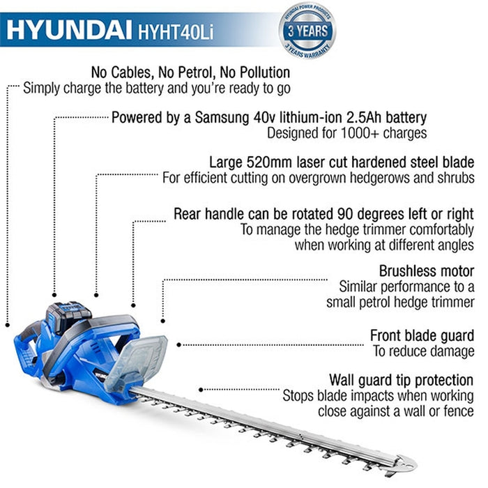 Hyundai 40v Lithium-ion Battery Hedge Trimmer With Battery and Charger | HYHT40LI | 3 Year Warranty