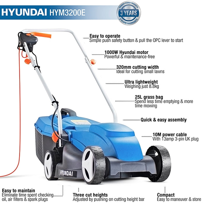 Hyundai 32cm Corded Electric 1000w/230v Lawnmower | HYM3200E | 3 Year Warranty