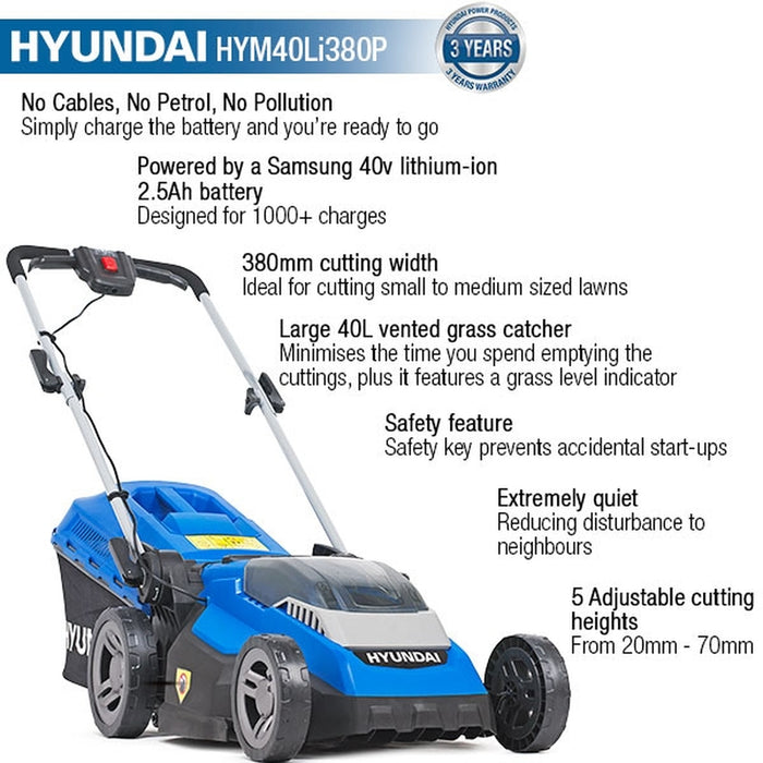 Hyundai 38cm Cordless 40v Lithium-Ion Battery Roller Lawnmower with Battery and Charger | HYM40LI380P | 3 Year Warranty