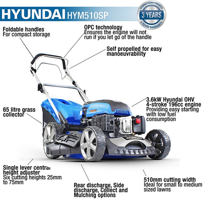 Hyundai 20"/51cm 196cc Self-Propelled Petrol Lawnmower | HYM510SP | 3 Year Warranty