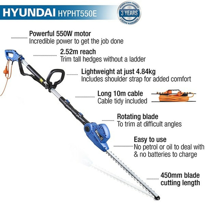 Hyundai 550W 450mm Long Reach Corded Electric Pole Hedge Trimmer/Pruner | HYPHT550E | 3 Year Warranty