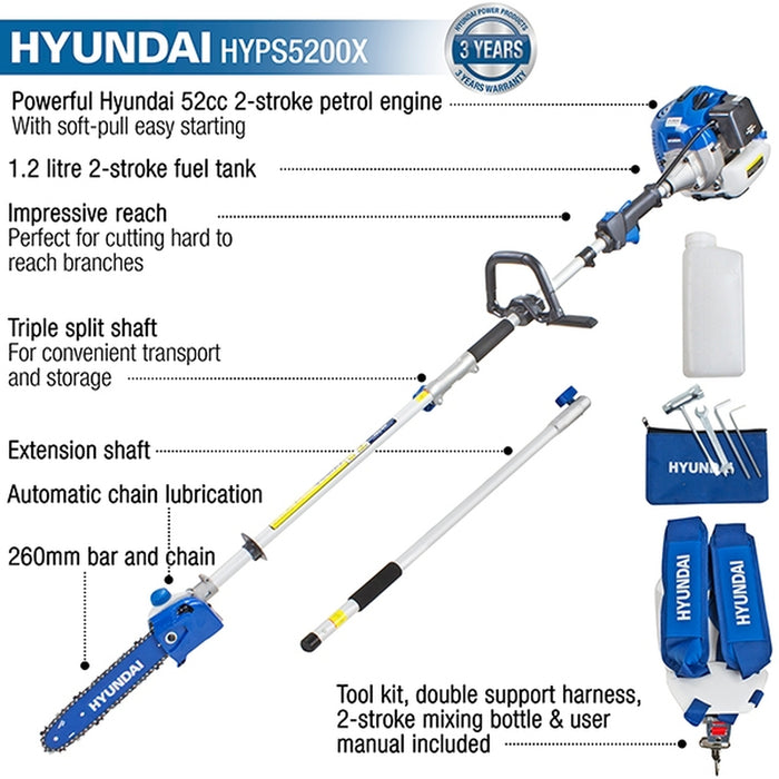 Hyundai 52cc Long Reach Petrol Pole Saw/Pruner/Chainsaw | HYPS5200X | 3 Year Warranty