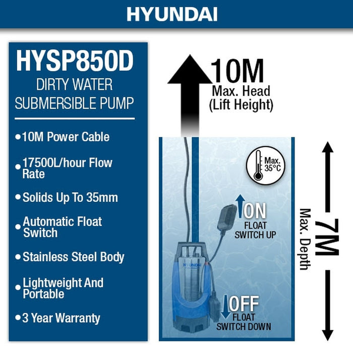HYUNDAI 850W Stainless Steel Electric Submersible Dirty Water Pump | HYSP850D | Hyundai 3 year UK Platinum Warranty
