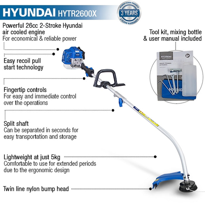 Hyundai Split Shaft 38cm Cutting Width 26cc Petrol Grass Trimmer | HYTR2600X  | 3 Year Warranty