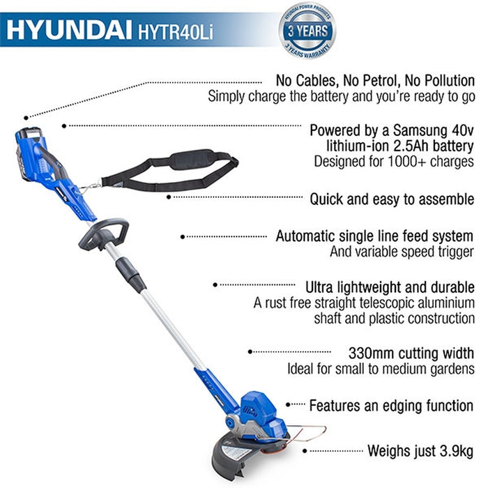 Hyundai 40v Lithium-ion Cordless Grass Trimmer With Battery and Charger | HYTR40LI | 3 Year Warranty