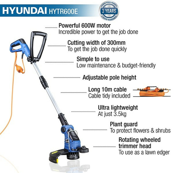 Hyundai 600W 30cm Corded Electric Grass Trimmer | HYTR600E | 3 Year Warranty
