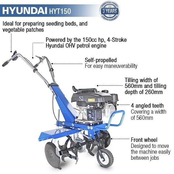 Hyundai 2.7kW 150cc 4-Stroke Petrol Garden Tiller, Cultivator, Rotovator and Rototiller | HYT150 | 3 Year Platinum Warranty
