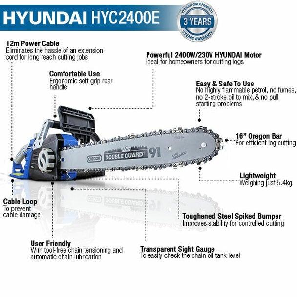 Hyundai 2400W / 230V 16" Bar Electric Chainsaw | HYC2400E | 3 Year Hyundai Warranty