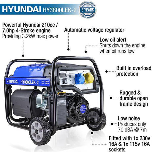 Hyundai Electric Start Site Petrol Generator | Hyundai 3.2kW / 4kVa* | 3 Year Platinum Warranty