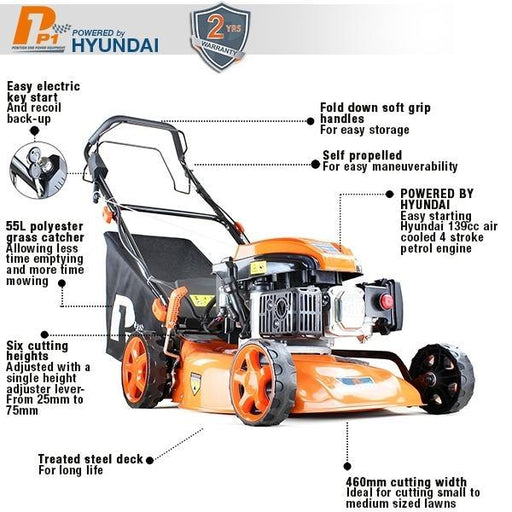 Hyundai P1 Engine Electric Key Start Lawnmower Self Propelled | Hyundai 18" 46cm / 460mm 139cc Petrol Lawn Mower | 2 Year Platinum Warranty