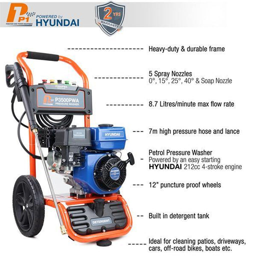 Hyundai P1 Petrol Pressure Washer | Hyundai 3000psi / 207 bar IC210 Engine | Excellent Patio Cleaner | 2 Year Platinum Warranty