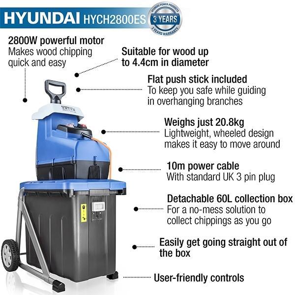 Hyundai Quiet Electric Garden Shredder, 2800w, 2.8kW, 230v | HYCH2800ES | 3 Year Platinum Warranty