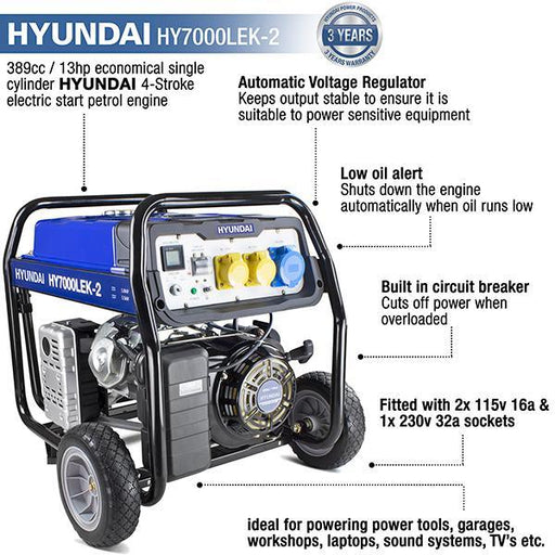 Hyundai Recoil and Electric Start Site Petrol Generator | Hyundai 5.5kW / 6.8kVa* | 3 Year Platinum Warranty