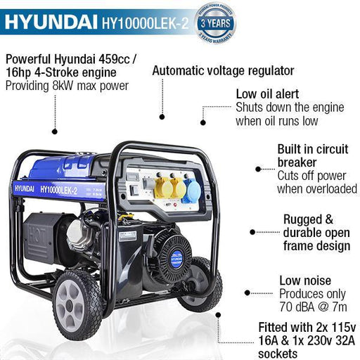 Hyundai Recoil and Electric Start Site Petrol Generator | Hyundai The 8kW/10kVA* | 3 Year Platinum Warranty