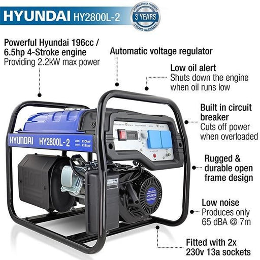 Hyundai Recoil Start Site Petrol Generator | Hyundai 2.2kW / 2.75kVa* | 3 Year Platinum Warranty