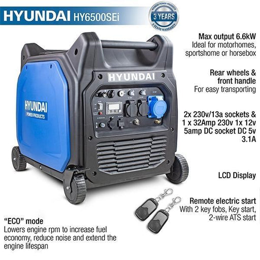 Hyundai Remote Electric Start Petrol Portable Inverter Generator | Hyundai 6600W/6.6kW | 3 Year Platinum Warranty