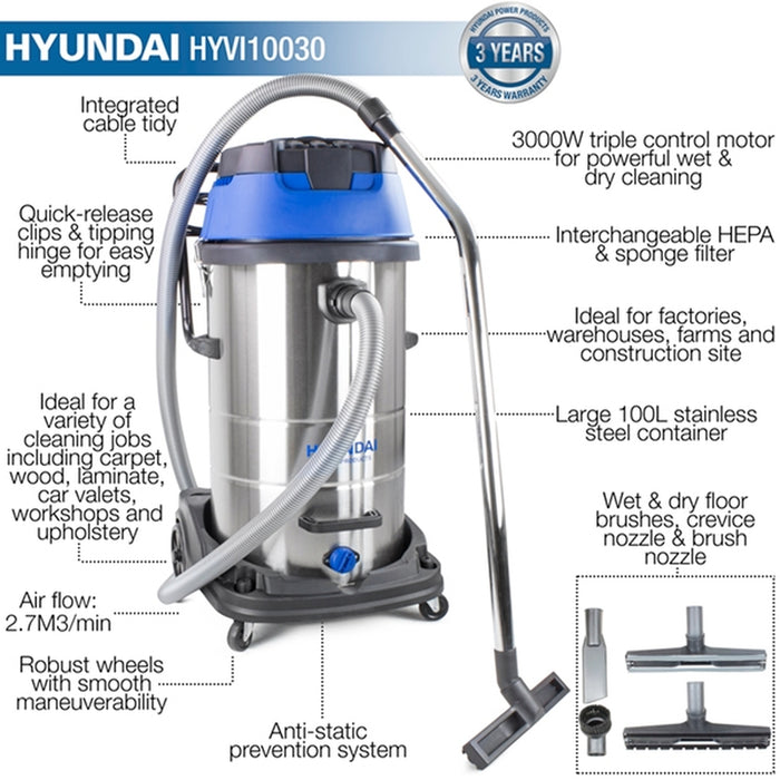 Hyundai 3000W Triple Motor 3-In-1 Wet and Dry Electric HEPA Filtration Vacuum Cleaner | HYVI10030 | 3 Year Warranty