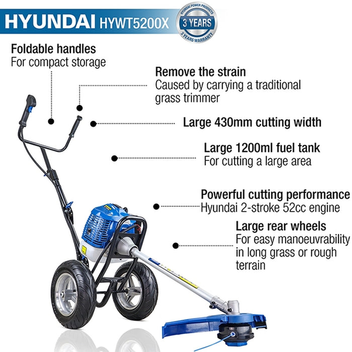 Hyundai 52cc Petrol Wheeled Grass Trimmer | HYWT5200X | 3 Year Warranty
