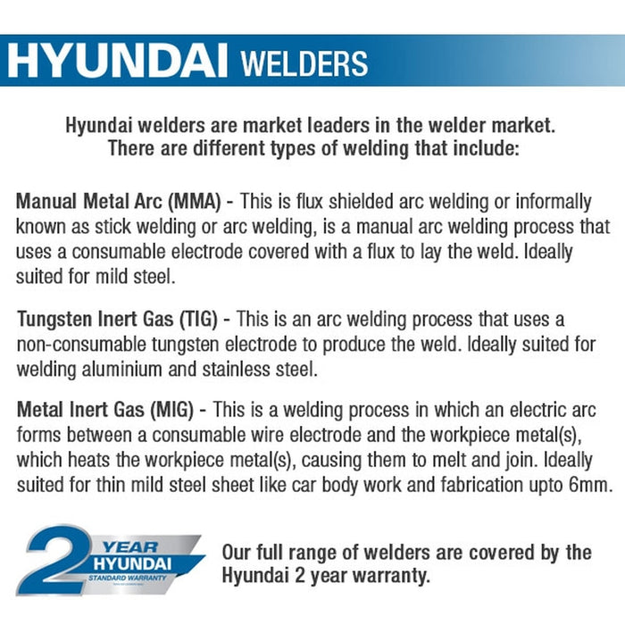 Hyundai 200Amp MIG/MMA(ARC) Inverter Welder, 230V Single Phase | HYMIG200 | 2 Year Warranty